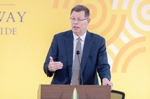 Elder Clark Gilbert, member of the Quorum of the Twelve Apostles of The Church of Jesus Christ of Latter-day Saints, speaking at a forum on education during his visit to Ghana