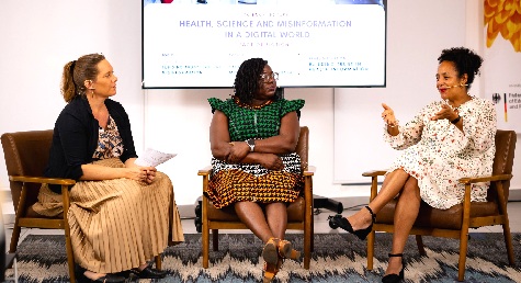 Prof. Marylyn Addo (right), Director, Institute of Infection Research and Vaccine Devt, University Medical Centre - Hamburg Eppendorf, speaking during a discussion session with Lena Leumer (left), Regional Director, DAAD; and Prof. Lydia Mosi, Associate Professor at Dept. of Biochemistry, University of Ghana 