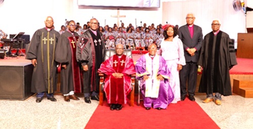 Reverend Enoch Nii Narh Thompson (seated left) with Rev. Charles Oppong-Poku (seated right), Vice-President, at the induction ceremony. With them are the officiating ministers