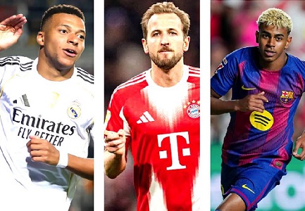 Kylian Mbappe (left) — One of the finalists, Harry Kane (middle) —Tipped as favourite and Lamine Yamal — who could pull a surprise