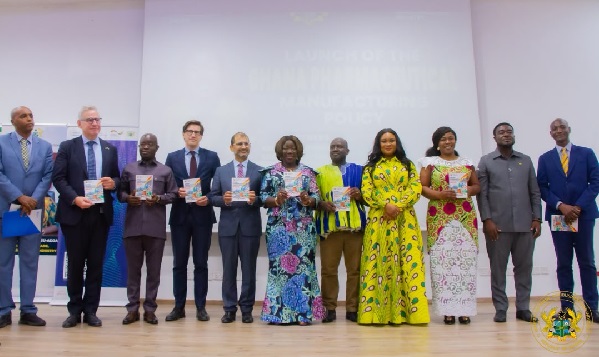   Dignitaries pose for a group photograph after the launch of the Ghana Pharmaceutical Manufacturing Policy