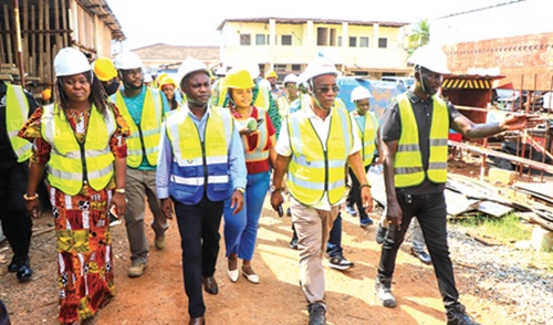 Kwabena Mintah Akandoh (2nd from left), Minister of Health, with Rita Naa Odoley Sowah (left), Member of Parliament for La Dade-Kotopon; Richard Dadey (2nd from right), Project Manager, La General Hospital Reconstruction Project, and some officials during the visit to the hospital site. Picture: ELVIS NII NOI DOWUONA