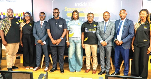 Cynthia Ofori-Dwumfuo (right), Chief Marketing Communications and Customer Experience Officer, GCB Bank PLC, with Iliaso Zango (4th from right), Chief Information Security Officer, GCB Bank PLC; John Awuah (4th from left), Chief Executive Officer, Ghana Association of Banks; Stephen Cudjoe-Seshie (3rd from right), Ag. Deputy Director-General,  Cybersecurity Authority, and some dignitaries after the forum. Picture: ELVIS NII NOI DOWUONA 