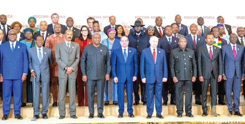 President John Dramani Mahama (4th from left) with President Vladimir Putin (4th from right), and other participants in the event President John Dramani Mahama (4th from left) with President Vladimir Putin (4th from right), and other participants in the event