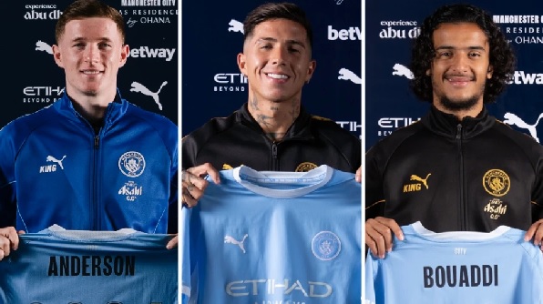 Elliot Anderson (left), Enzo Fernandez (middle) and Ayyoub Bouaddi have cost a combined £327m for Manchester City this summer