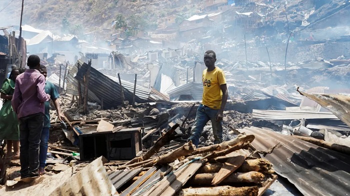 The fire appears to have been put out but smouldering ruins remain