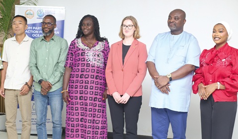 Prof. Nana Ama Browne Klutse (3rd from left), CEO, Environmental Protection Authority, with Dr Peter Derry (2nd from right), Director of the Environment Directorate, Ghana, MESTI; Leonie Reese (3rd from right), Deputy German Ambassador to Ghana and other invited dignitaries after the dialogue  Picture: BENEDICT OBUOBI