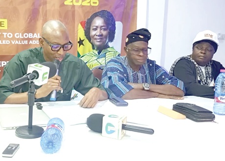 Professor Abukari Alhassan (left),  Local Chairman for the 2026 World Shea Expo, Imoro Issifu Alhassan (middle), the Chairman for SGTL, and other officials addressing the media