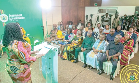 Dr Agnes Naa Momo Lartey (standing), Minister for Gender, Children and Social Protection, speaking at the Government Accountability Series