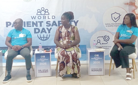 Dr Francis Addai (left), Family Physician at FOCOS Orthopaedic Hospital, Dr Efua Commeh (middle), Municipal Director for the Madina La-Nkwantanan Municipal Directorate, and Edinam Aku Numadzi (right), a dietician at the FOCOS Hospital, during a panel discussion on the World Patient Safety launch