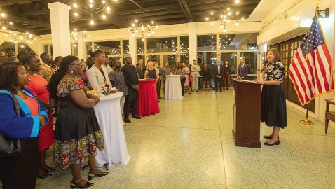 Pam Devolder (right), the new US Embassy Public Affairs Officer, addressing the participants in the  reception organised in her honour by the US Embassy in Ghana