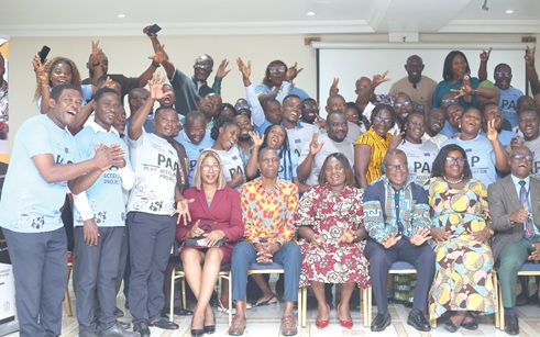 Kwabena Gao (left), Education Specialist, Right to Play, in a cheerful moood with invited dignitaries and participants after the meeting. Picture: BENEDICT OBUOBI