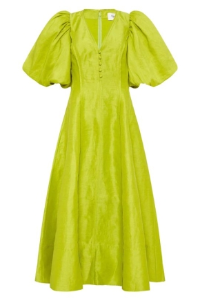 electric green puff midi dress 