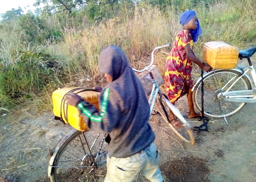 Schoolchildren carrying gallons of water on bicycles