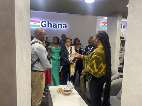 Dr Afua Asabea Asare, CEO of the Ghana Export Promotion Authority, meets a group of businessmen and women from Comoros , at the Ghana Pavilion at the fair.