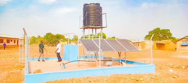 A newly constructed solar powered mechanised borehole in Yameriga
