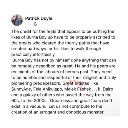 Patrick Doyle slams Burna Boy, says he's undeserving of being labelled 'Great'
