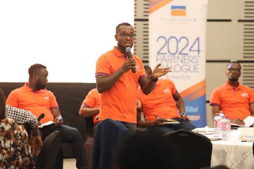 Sales Control Manager, Mr. Happy Dzah addressing distributors during the Town Hall meeting. Sales Control Manager, Mr. Happy Dzah addressing distributors during the Town Hall meeting.
