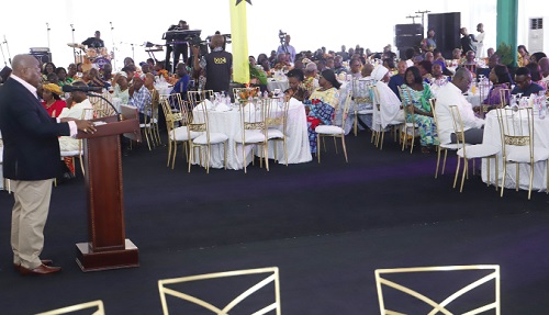 President Akufo-Addo (left) addressing senior citizens at the 2023 Founders’ Day celebration at the Jubilee House in Accra. Picture: SAMUEL TEI ADANO