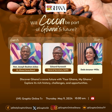 Join us for an eye-opening discussion on the future of cocoa in Ghana, on 'Your Ghana, My Ghana.'   Let's explore the rich history, current challenges, and promising opportunities surrounding one of Ghana's most iconic exports. Live on YouTube @Graphic Online TV