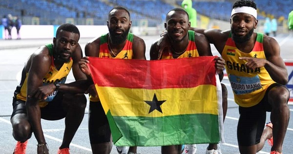 Ghana's sprints relay team (left to right): Joseph Paul Amoah, Sean Sarfo-Antwi, Benjamin Azamati and Joseph Manu Oduro have the seventh fastest time for the 4 x 100 metres
