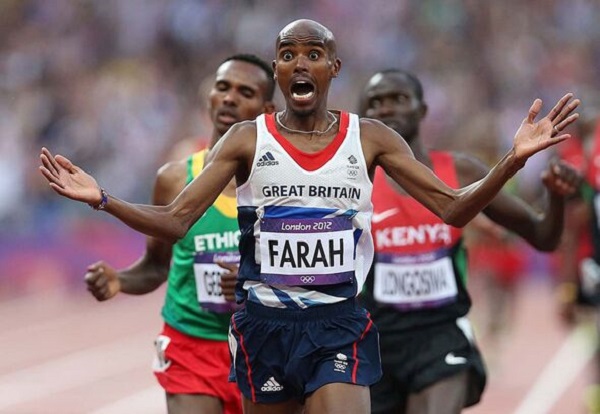 Mo Farah of Great Britain celebrates victory in the men's  5000m final during the 2012 London Olympics