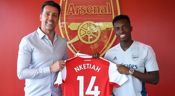 Eddie Nketiah (right) will wear the iconic number 14 shirt at Arsenal next season 