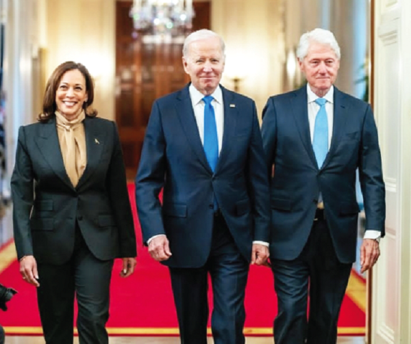 US Vice-President Kamala Harris, US President Joe Biden and former US President Bill Clinton