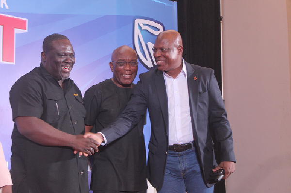  Ato Afful (right) , MD, Graphic Communications Group Limited, exchanging pleasantries with Prof.Ebo Turkson (left), Associate Professor, Department of Economics, University of Ghana. With them is Dr Dan Seddoh (middle), Non-Executive Director, Databank MFund Limited. Pictures: ESTHER ADJORKOR ADJEI