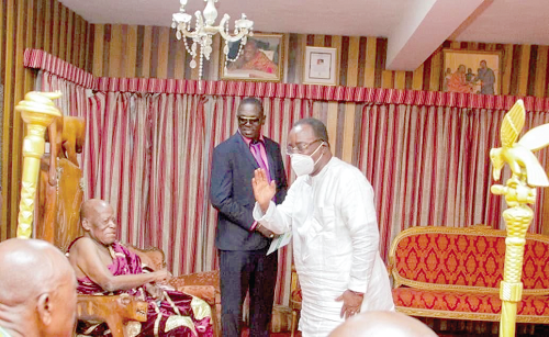 Dr Owusu Afriyie Akoto (right), Food and Agriculture Minister, exchanging greetings with Nana Akuoku Sarpong (seated), the Agogohene, at his palace in Agogo Dr Owusu Afriyie Akoto (right), Food and Agriculture Minister, exchanging greetings with Nana Akuoku Sarpong (seated), the Agogohene, at his palace in Agogo