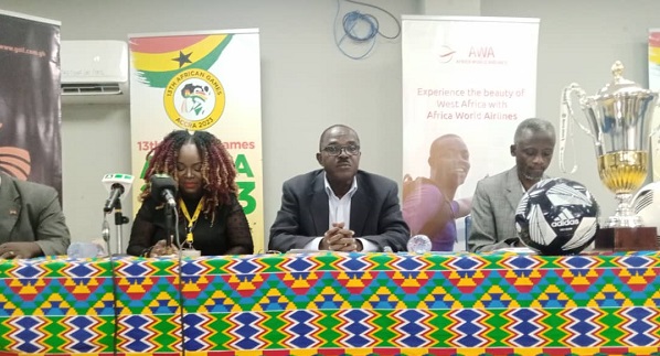 Dr Kwaku Ofosu Asare (middle), Executive Chairman of the LOC, flanked by Joycelyn Aidoo (left), Brand and Marketing supervisor at Africa World Airlines, and Kwame Amponfi jnr, Deputy Director-General of the National Sports Authority, at yesterday's launch