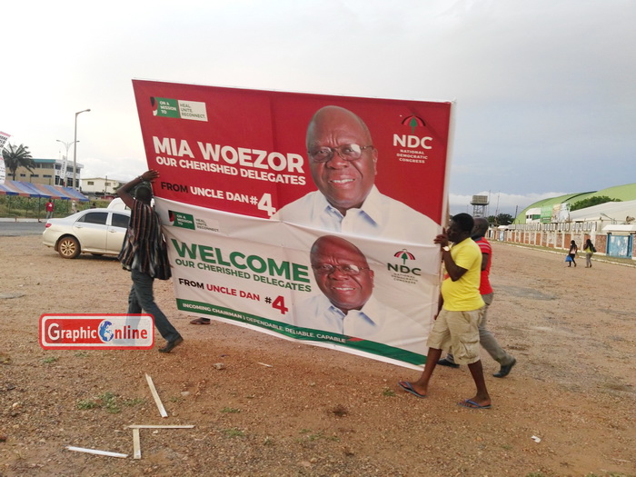 A banner of NDC Chairman contestant, Mr. Dan Abodakpi ready to be mounted at the congress venue