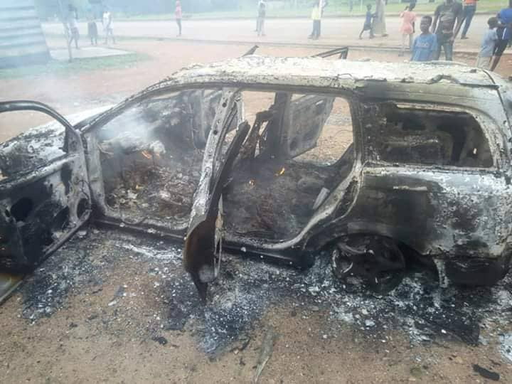 One of a number of vehicles set ablaze during the confusion