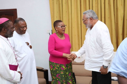 Former President Rawlings meets his former Secretary for Education in the Revo days, Madam Joyce Aryee. 