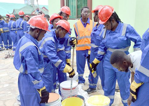 Some of the female graduates of the YIEDIE project mixing paint for their practical work Some of the female graduates of the YIEDIE project mixing paint for their practical work