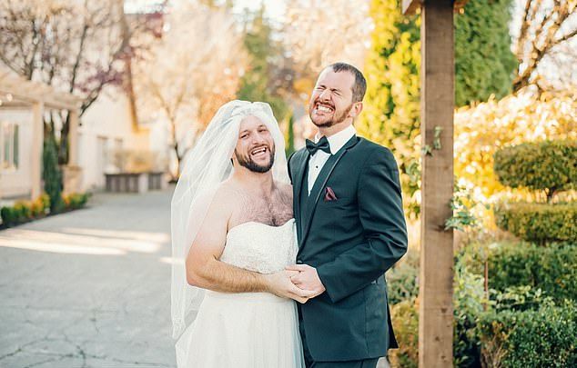 David Hofffman,32, turned around expecting to see his wife-to-be Brianne Dennis,29, for the first time on their wedding day- and instead saw his best friend Timmy Horton
