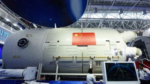 A full-size model of the Tianhe core module of China's space station A full-size model of the Tianhe core module of China's space station