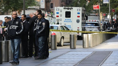 Bomb squad trucks seen outside the Time Warner building in New York City