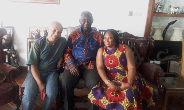 Former President Kufuor (middle) with Mr Henry Abraham (left) and Ms Doreen Hammond, Features Editor, Daily Graphic