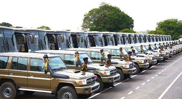 A line up of the vehicles President Nana Addo Dankwa Akufo-Addo handed over to the Ghana Armed Fources at the Burma Camp in Accra yesterday
