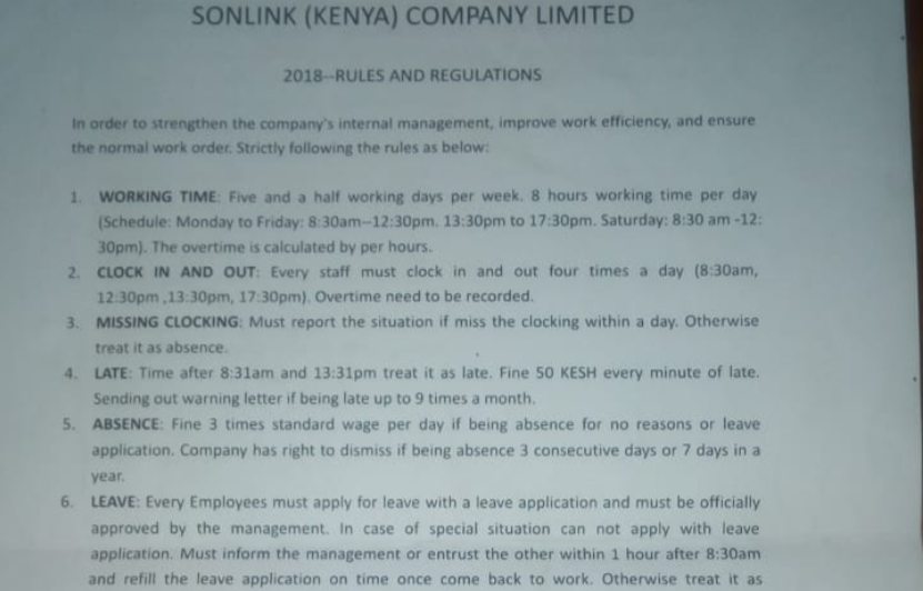 Some of the rules and regulations at Sonlink Company. Read more at: https://www.standardmedia.co.ke/article/2001295010/inside-story-of-sonlink-a-firm-where-laughing-at-work-is-a-crime-photos