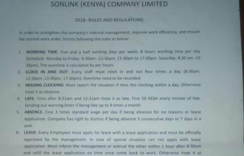 Some of the rules and regulations at Sonlink Company. Read more at: https://www.standardmedia.co.ke/article/2001295010/inside-story-of-sonlink-a-firm-where-laughing-at-work-is-a-crime-photos Some of the rules and regulations at Sonlink Company. Read more at: https://www.standardmedia.co.ke/article/2001295010/inside-story-of-sonlink-a-firm-where-laughing-at-work-is-a-crime-photos