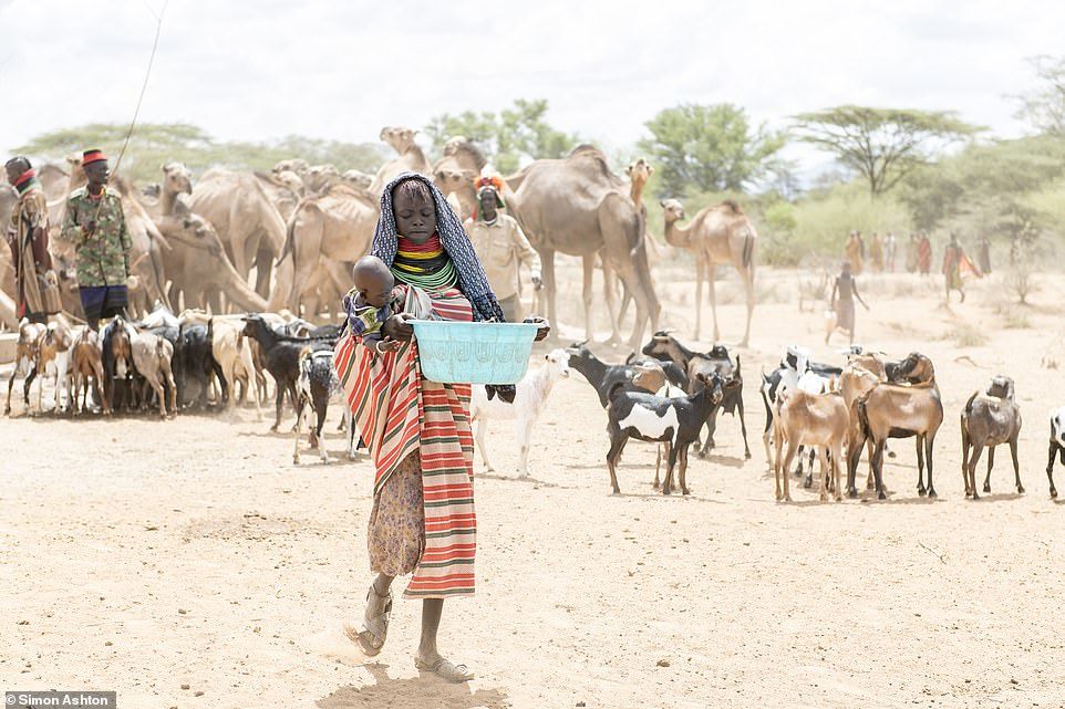 A young girl carries a baby and a tub of water away from the borehole as goats and camels take their turn to drink A young girl carries a baby and a tub of water away from the borehole as goats and camels take their turn to drink