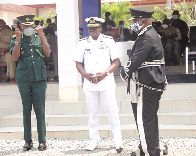 Mr Kwame Asuah Takyi (left), Comptroller-General, Ghana Immigration Service, Mr James Oppong- Boanuh (right), outgoing Inspector General of Police, and Vice Admiral Seth Amoama (2nd right), Chief of the Defence Staff of the Ghana Armed Forces, in an interaction after the ceremony. Picture: EDNA SALVO-KOTEY Mr Kwame Asuah Takyi (left), Comptroller-General, Ghana Immigration Service, Mr James Oppong- Boanuh (right), outgoing Inspector General of Police, and Vice Admiral Seth Amoama (2nd right), Chief of the Defence Staff of the Ghana Armed Forces, in an interaction after the ceremony. Picture: EDNA SALVO-KOTEY