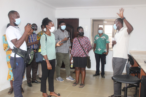 A team of health journalists from the African Media and Malaria Research Network (AMMREN) being briefed by an official from the Navrongo Health Research Centre