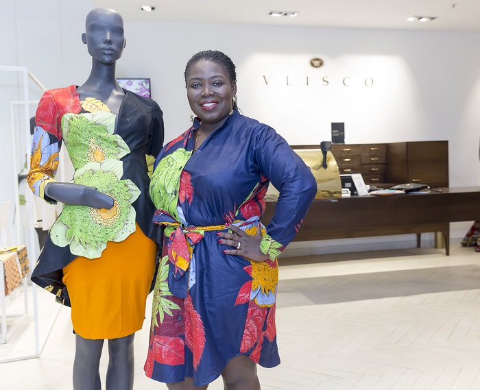 Araba Akompi standing with jacket from Stylista for Vlisco Capsule Collection Araba Akompi standing with jacket from Stylista for Vlisco Capsule Collection