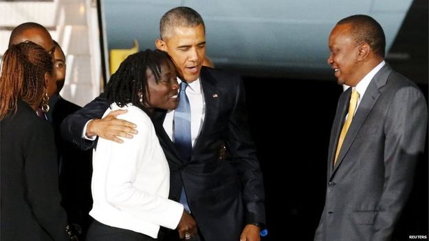 President Obama centre was also greeted by his half sister Auma at the airport President Obama centre was also greeted by his half sister Auma at the airport