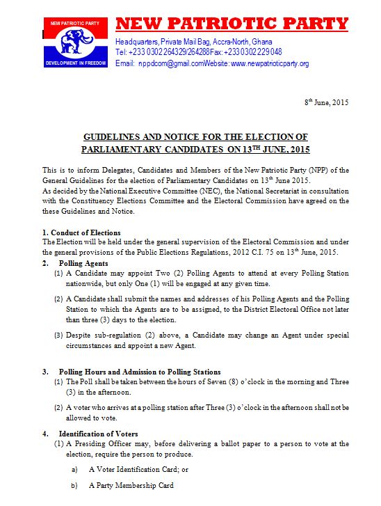 NPP issue guideliness for parliamentary primaries