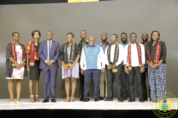 President AKufo-Addo and Dr Ibrahim Awal with the 10 start-up entrepreneurs