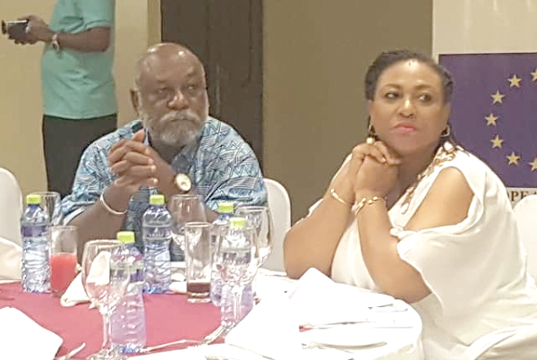 Prof. Kwame Karikari (2nd right), the Board Chairman of GCGL and Ms Josephine Nkrumah (right) at the media forum organised by NCCE as part of the Constitution Week